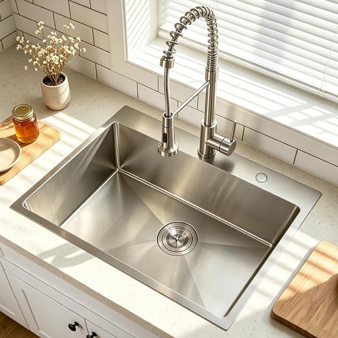 33x22 Inch Drop In Kitchen Sink, Topmount Stainless Steel Brushed Nickel Single Bowl Kitchen Sink, Extra-thick 16 Gauge For RV Laundry Utility with Dish Grid and Basket Strainer YSD013