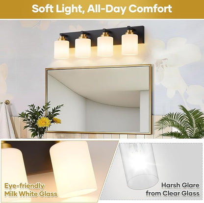 Vanity Lights for Bathroom, 4-Light Black and Gold Bathroom Vanity Light Over Mirror with Milky White Glass Shades, Modern Bathroom Light Fixtures for Living Room Hallway Cabinet (Bulbs Not Included)