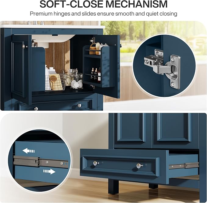 Tribesigns 30" Bathroom Vanity with Sink, Freestanding Bathroom Vanities Cabinet with Ceramic Basin Combo, Bathroom Sink Cabinet with 2 Doors and 1 Drawer, Solid Wooden Frame (Misty Blue, 30 INCH)