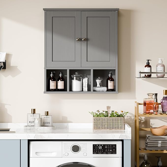 Bathroom Wall Cabinet, Bathroom Cabinet Wall Mount with 2 Doors and 3 Open Shelves, Over The Toilet Wood Medicine Cabinets for Laundry Room, Grey