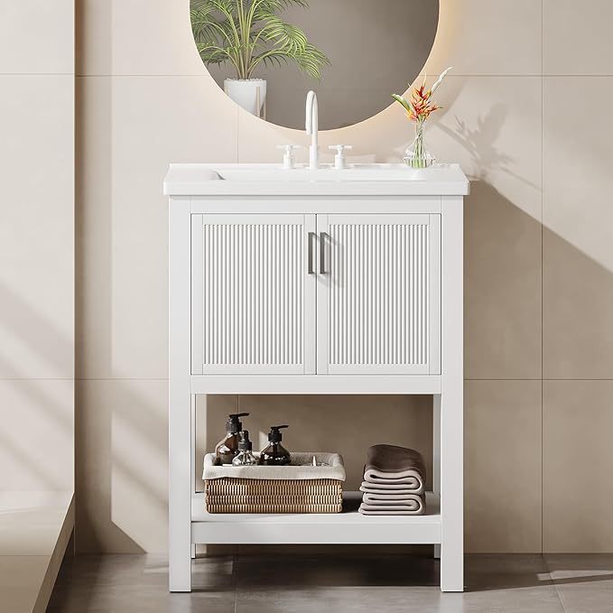 Tribesigns 48" Bathroom Vanity with Sink, Modern Freestanding Vanity with Ceramic Porcelain Basin, 2-Door Storage Cabinet & Open Shelf for Small Bathroom, Industrial, White