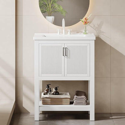 Tribesigns 48" Bathroom Vanity with Sink, Modern Freestanding Vanity with Ceramic Porcelain Basin, 2-Door Storage Cabinet & Open Shelf for Small Bathroom, Industrial, White