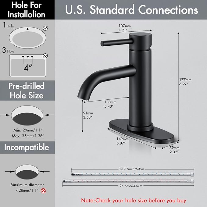 Black Bathroom Faucet with Valve, Stainless Steel Bathroom Faucet | Modern Bathroom Sink Faucet with Pop-up Drain and Hoses, RV & Outdoor Basins,1 or 3 Hole