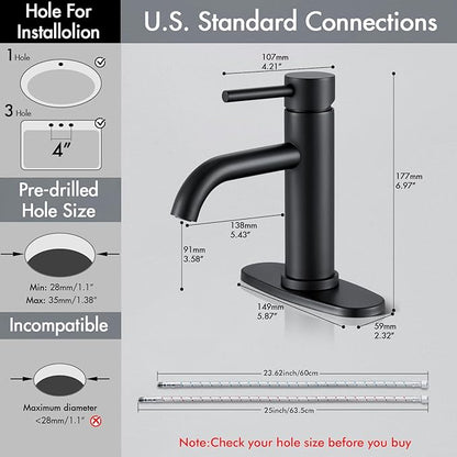 Black Bathroom Faucet with Valve, Stainless Steel Bathroom Faucet | Modern Bathroom Sink Faucet with Pop-up Drain and Hoses, RV & Outdoor Basins,1 or 3 Hole