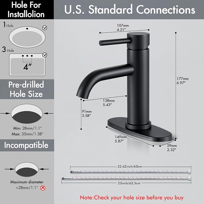 Black Bathroom Faucet, Single Hole Bathroom Faucet Stainless Steel | 2 Pack Modern Bathroom Sink Faucet with Pop-up Drain and Hoses, RV & Outdoor Basins,1 or 3 Hole