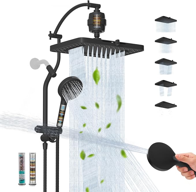 Hibbent 13" Filtered Shower Head & Filtered 10-Mode Handheld Combo, Black | High Pressure 5-Spray Showerhead, 4-way Diverter, Heightened All Metal Extension Arm, 3 Filter Cartridges, Easy Reach