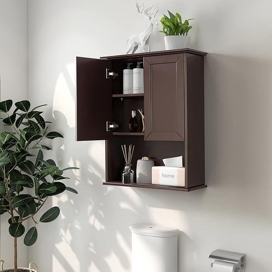 Dark Brown Bathroom Wall Cabinet Mounted Wooden Medicine Cabinets Espresso Over Toilet Storage Cabinet, 23x29 Inch Hanging Bathroom Wall Cabinet with 2 Doors & Adjustable Shelf, Soft Hinge