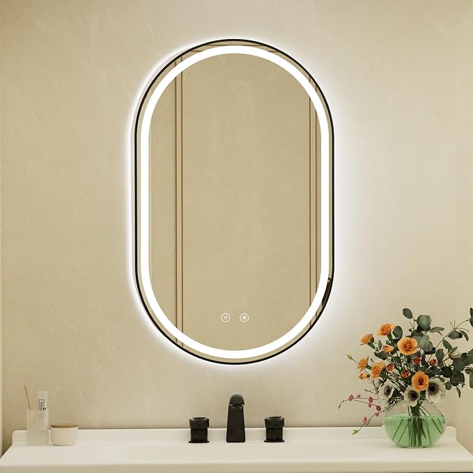 24x40 Inch Oval Black Framed LED Bathroom Mirror with Lights, Wall-Mounted Mirror with Anti-Fog, 3 Color Temperature, Dimmable Brightness, Waterproof, Tempered Glass, Frontlit & Backlit