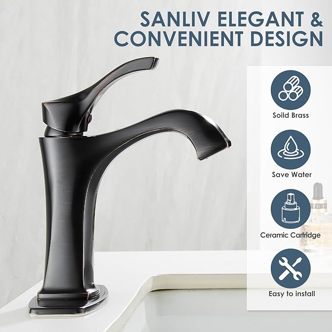 Oil Rubbed Bronze Bathroom Faucet, Sanliv Single Handle Centerset Bathroom Sink Faucet with Pop-Up Drain & Deck Plate for 1 or 3-Hole (4 inch) Installation, Bronze Vanity Faucet, ORB