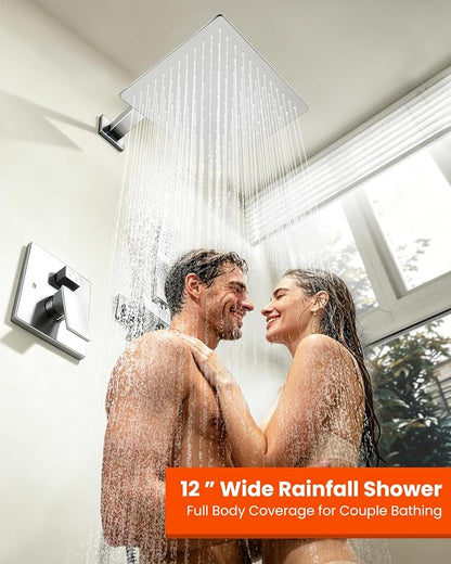 gotonovo Tub Shower Faucet Set with Valve 12'' Rain Head,Polished Chrome | Waterfall Tub Spout Shower System,Bathtub Faucet Set,SUS304 Rain Head with Handheld,Brass Valve Trim Kit,All Metal,Wall Mount