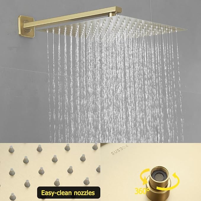 Brushed Gold Rain Shower System Tub Shower Faucet Set 12 Inch Square Rainfall Shower Head with Handheld Sprayer and Tub Spout Rough-in Valve Shower Mixer Combo Kit