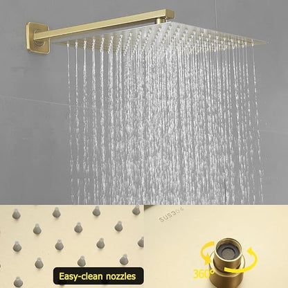 Brushed Gold Rain Shower System Tub Shower Faucet Set 12 Inch Square Rainfall Shower Head with Handheld Sprayer and Tub Spout Rough-in Valve Shower Mixer Combo Kit
