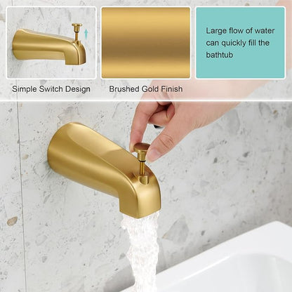 Tub Spout with Diverter, Slip On Bathtub Spout Fits 1/2'' Copper Tube(5/8'' Dia), Bathroom Tub Faucet with PTFE Tape & Hex Wrench, Brushed Gold