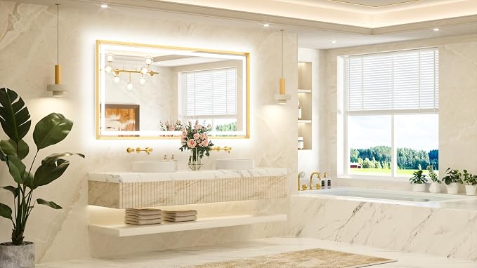 72 x 36 Large Bathroom Mirror Brushed Gold Metal Frame Frontlit & Backlit Vanity Mirror 3 Colors White/Warm/Natural Stepless Dimmable Anti-Fog Bathroom Mirrors for Vanity Wall-Mounted