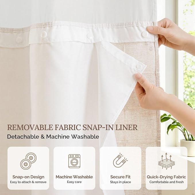 RiverDream Farmhouse No Hooks Shower Curtain with Snap-in Liner,Linen,71x80 | Snap on Fabric Liner,Heavy Duty,Quick Dry,Mesh Top Window,With Bottom Magnets,Washable,with Tassels,Long Size