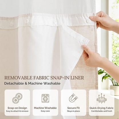 RiverDream Farmhouse No Hooks Shower Curtain with Snap-in Liner,Linen,71x80 | Snap on Fabric Liner,Heavy Duty,Quick Dry,Mesh Top Window,With Bottom Magnets,Washable,with Tassels,Long Size