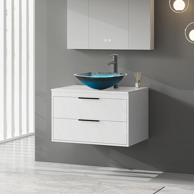 eclife 30" Floating Bathroom Vanities with Sink Combo, Wall Mounted Modern Cabinet W/Diamond Line Pattern Design, Turquoise Square Glass Vessel Sink W/Water Save Faucet & Pop Up Drain, White