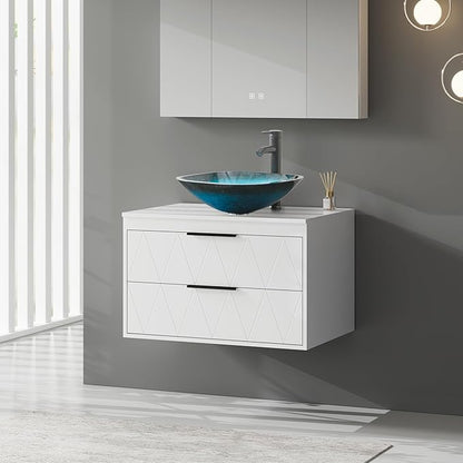 eclife 30" Floating Bathroom Vanities with Sink Combo, Wall Mounted Modern Cabinet W/Diamond Line Pattern Design, Turquoise Square Glass Vessel Sink W/Water Save Faucet & Pop Up Drain, White