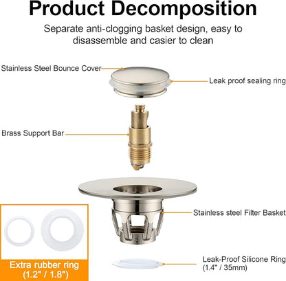 Bathroom Sink Drain Stopper for 1.1 to 1.5 inch Standard Drain Holes, Pop-up Sink Stoppers, Bullet Core Push Type Basin Drain Filter, Anti Clogging Stainless Steel Sink Strainer With Basket, Brushed