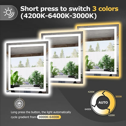 Hivone 30"X36" LED Bathroom Mirror with Lights, Anti-Fog, Dimmable, Backlit + Front Lit, Smart Bathroom Vanity Mirror, Memory Function, Shatterproof, Tempered Glass (Horizontal/Vertical)