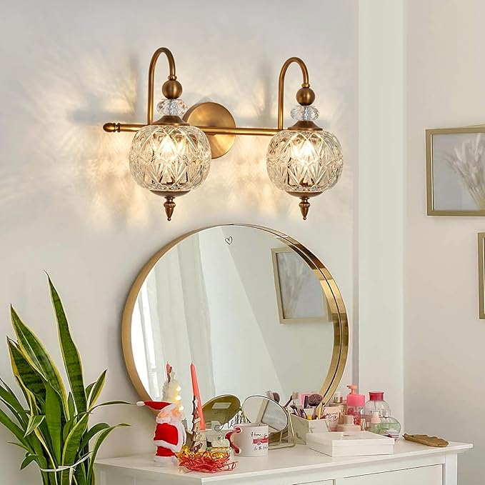 Vintage Bathroom Light Fixtures Gold Vanity Light with Glass Globe LampShade 2 Lights Mid Century G9 Bulb Wall Sconce Indoor Vanity Light Over Mirror for Bedroom Farmhouse Hallway