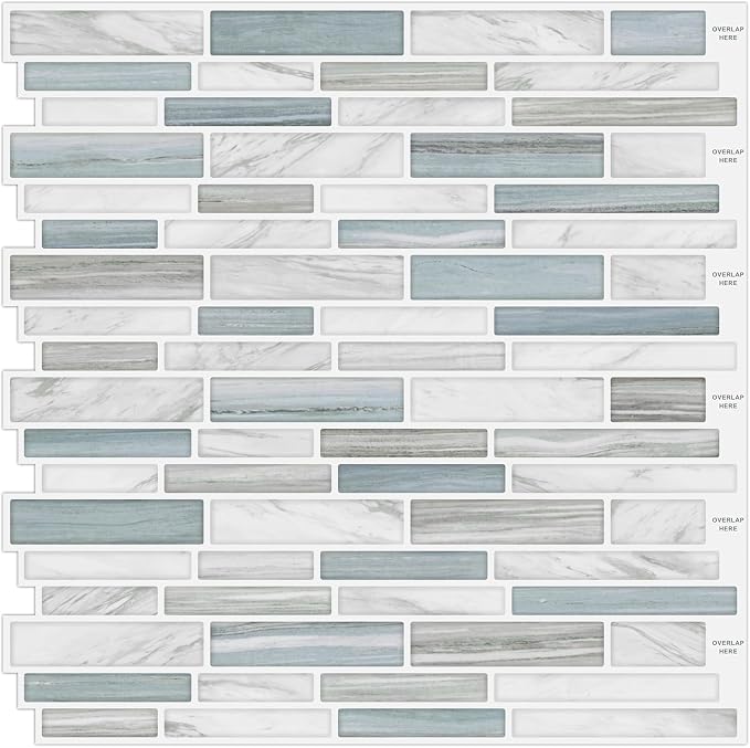 Tilingview 10PCS Peel and Stick Tile for Kitchen Backsplash, Strips Design Self-Adhesive Vinyl Tile, Plastic Wall Sticker (Blue White)