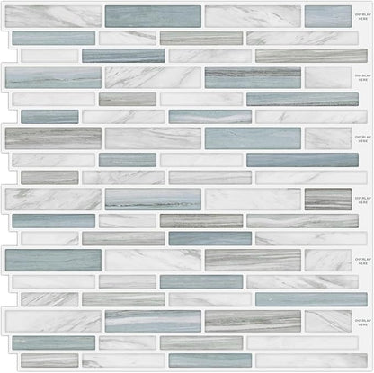 Tilingview 10PCS Peel and Stick Tile for Kitchen Backsplash, Strips Design Self-Adhesive Vinyl Tile, Plastic Wall Sticker (Blue White)