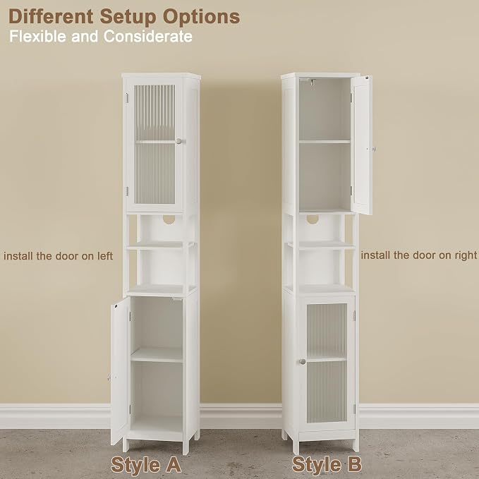 ChooChoo Narrow Bathroom Storage Cabinet with Light, Space Saving | Space Saving,Tall Bathroom Storage Cabinet, 5-Tier, 2 Doors, Slim, Freestanding, Adjustable Shelves, White