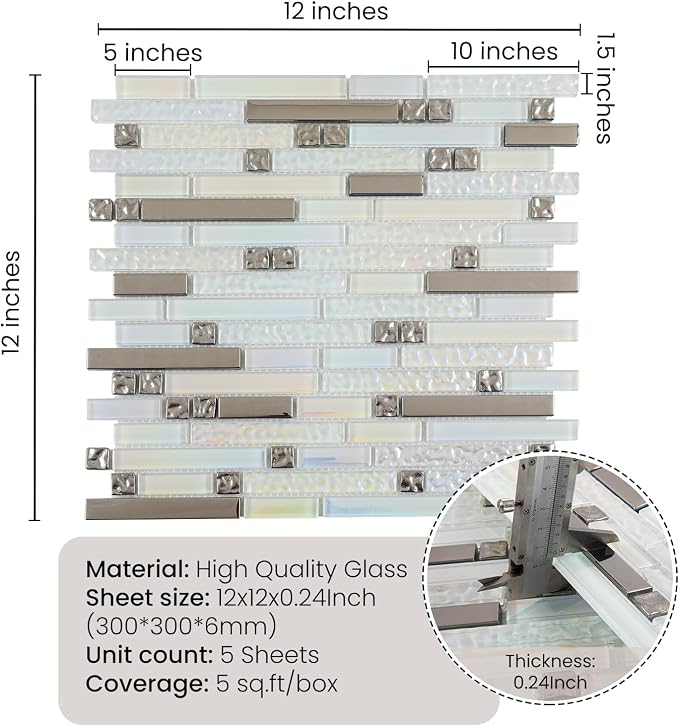 Glass Backsplash Tiles Mosaic Iridescent White 12 x 12 Inch 5 sq.ft. | Kitchen Backsplash Bathroom Wall (5-Pack)