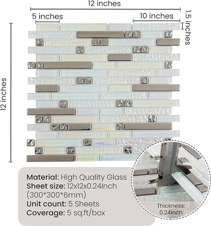 Glass Backsplash Tiles Mosaic Iridescent White 12 x 12 Inch 5 sq.ft. | Kitchen Backsplash Bathroom Wall (5-Pack)