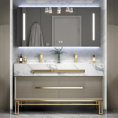 Bathroom Vanity with Sink - Modern Single/Double Sink Bathroom Vanity Cabinet & Smart Defogger Mirror Cabinet Set, Multi-Layer Solid Wood Material | Floor-Mounted Installation (Double Sink,52")