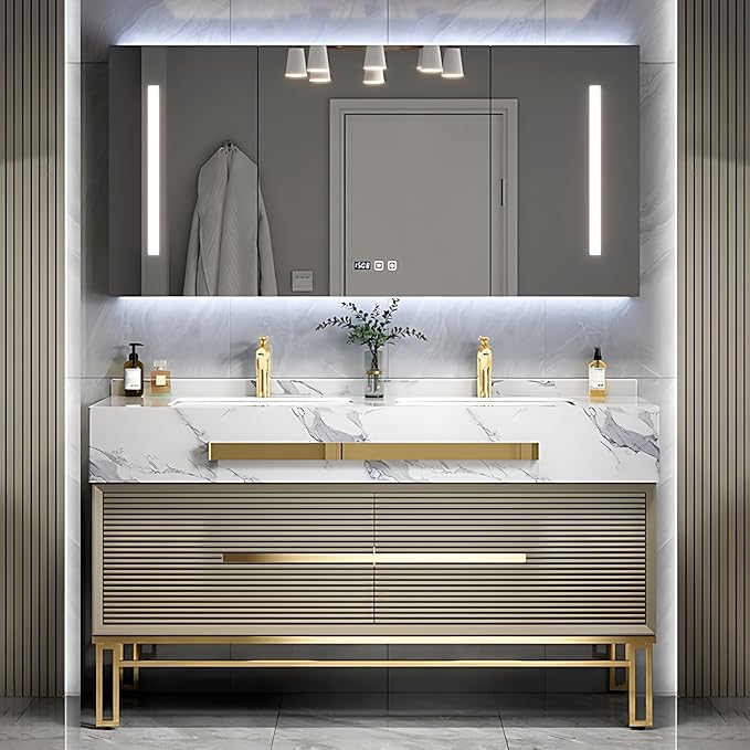 Bathroom Vanity with Sink - Modern Single/Double Sink Bathroom Vanity Cabinet & Smart Defogger Mirror Cabinet Set, Multi-Layer Solid Wood Material | Floor-Mounted Installation (Double Sink,88")