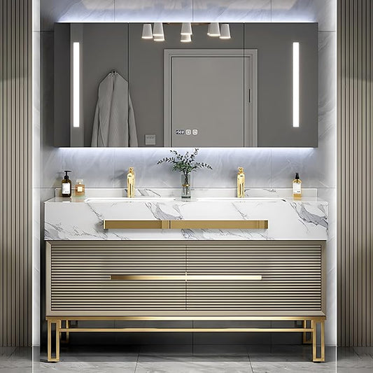 Bathroom Vanity with Sink - Modern Single/Double Sink Bathroom Vanity Cabinet & Smart Defogger Mirror Cabinet Set, Multi-Layer Solid Wood Material | Floor-Mounted Installation (Double Sink,88")