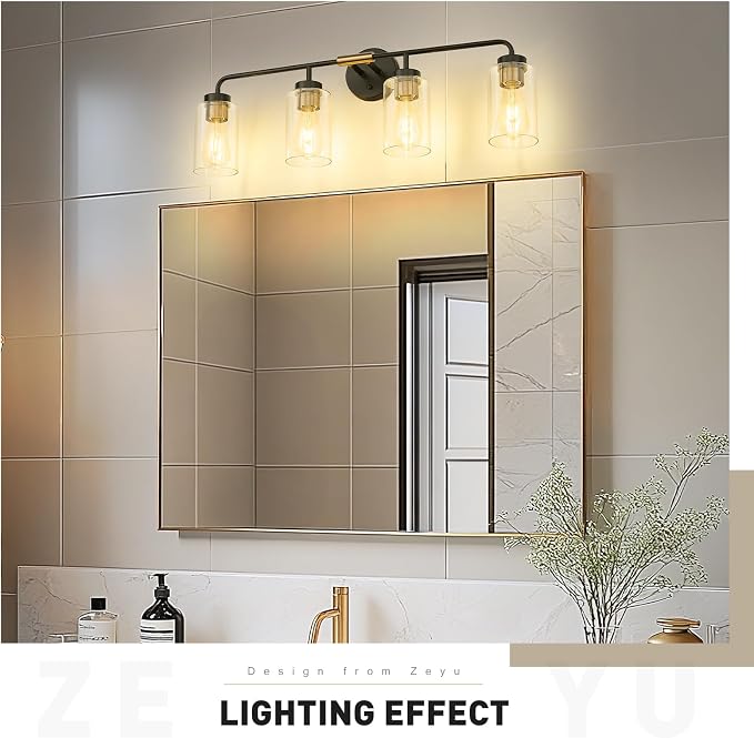zeyu Farmhouse 4-Light Bathroom Vanity Light, 30 Inch Bathroom Lights Over Mirror, Black and Gold Finish with Clear Glass, ZS62B-4W BK+BG