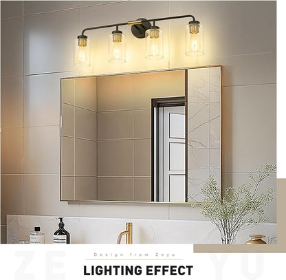 zeyu Farmhouse 4-Light Bathroom Vanity Light, 30 Inch Bathroom Lights Over Mirror, Black and Gold Finish with Clear Glass, ZS62B-4W BK+BG