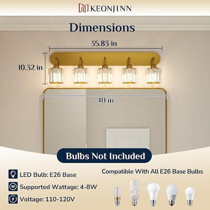 Keonjinn 5-Light Crystal Bathroom Light Fixtures Over Mirror, Gold | Vanity Lighting Fixture with Square Shades, Dimmable, Modern Style, Compatible with E26 Base LED Bulbs (Blub Not Included)