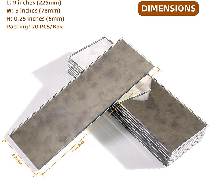 20PCS Peel and Stick Backsplash Tile, 3"x 9" Antique Mirror Glass Tile(Fog) | Self-Adhesive Subway Tile, Backsplash Tile for Kitchen/Bathroom/Living Room