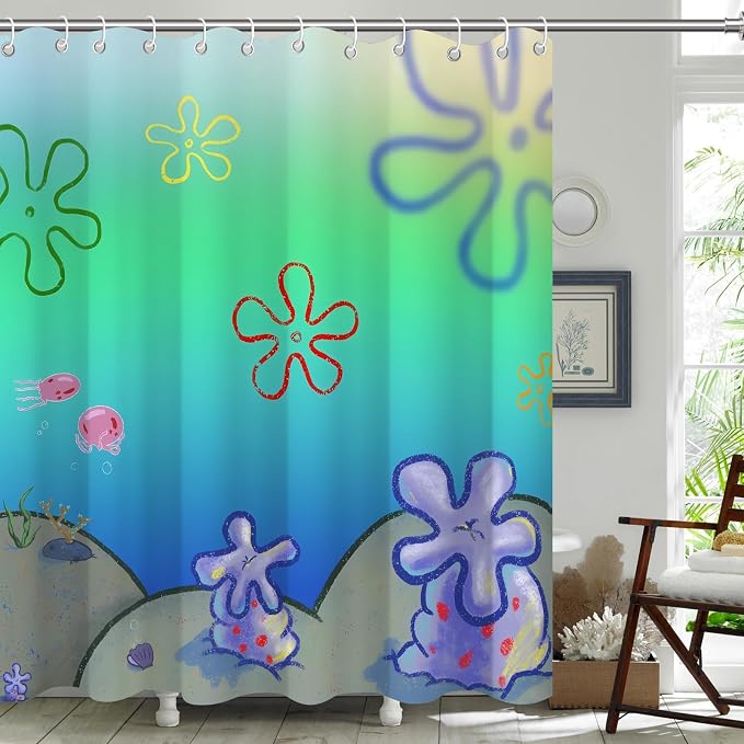 Cute Anime Cartoon Green Ocean Beach Kids Shower Curtain Set 72x78 Inches | Cute Anime Cartoon Green Ocean Beach Print, Gradient Underwater Housewarming Sea Lover Guest Kids Bathroom Decor, With Hooks