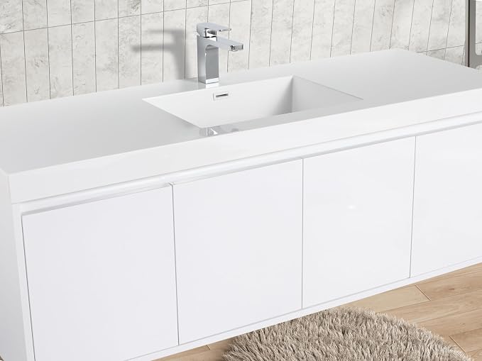 Blossom 60 Inch Floating Bathroom Vanity, Modern Single Sink Vanity with Marine-Grade Plywood, Zero-VOC Glossy White Wall Mounted Cabinet, Pre-Assembled for Easy Plumbing Install
