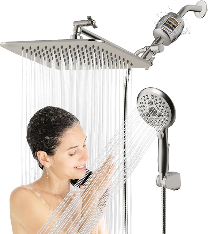 10'' Dual 20 Stage Filtered Shower Head with Handheld, 6 Spray Settings Handheld Shower Head High Pressure Rainfall Filter Combo with 12'' Adjustable Extension Arm, 71'' Shower Hose (Brushed Nickel)