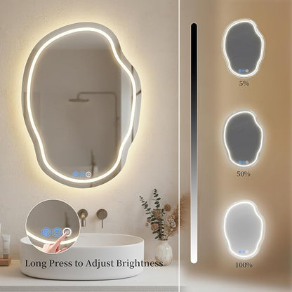 Irregular Wall Mirror 25 x 35 Inch, Lighted Mirrors for Bathroom Wall, Asymmetrical LED Mirror for Bathroom with Anit-Fog, Dimmable, Memory Function (Horizontal/Vertical)
