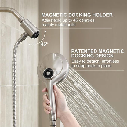 Handheld Shower Head with Magnetic Docking System | 9-Function High Pressure Detachable Shower Head, 5-inch Showerhead with 72 Inch Hose, Remote Dock, Brushed Nickel, SH180-BN-D