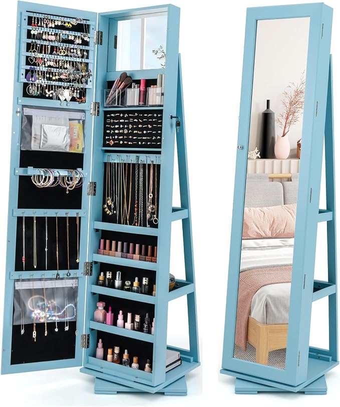 COSTWAY 360 Rotating Jewelry Armoire Cabinet, Standing Jewelry Organizer w/Full-Length Mirror & Large Storage Space, Lockable Mirror Jewelry Cabinet for Girls Women (Light Blue)