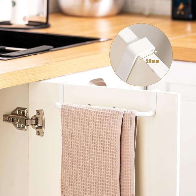 Patelai Over Cabinet Door Towel Bar, Metal Kitchen Rack,White | Hang Inside or Outside Cabinet for Hand Towels, No Drill Install, Bathroom Organizer, Saves Counter Space, Fits Doors