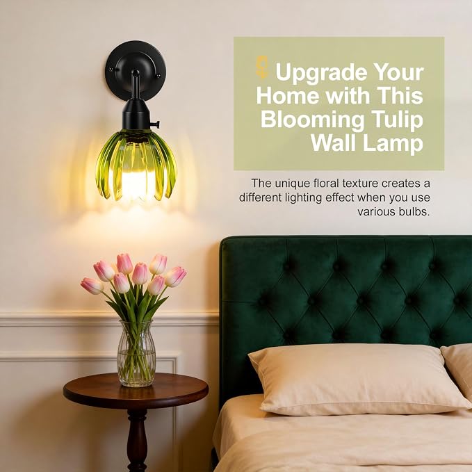 Vintage Wall Sconces Set of 2 with Green Tulip Glass Lampshade, Hardwired and Wireless Wall Mounted Light Fixtures (2 Usage Methods), Black Lamp with Switch for Bedside Bedroom Living Room Wall Decor