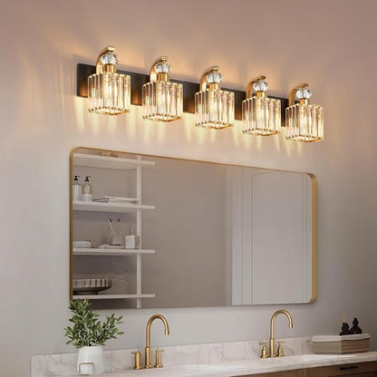 Modern Bathroom Vanity Light, 5-Light Black Gold Bathroom Lighting Fixtures Over Mirror, 36.3" Crystal Wall Light Sconce for Bathroom/Bedroom/Vanity, Includes LED Bulbs, Easy Installation