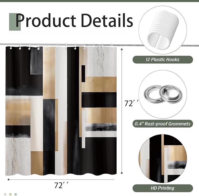Black and Gold Abstract Shower Curtain Set, Modern Art Aesthetic Oil Painting Shower Curtain, Boho Neutral Artistic Fabric Waterproof Bathroom Curtains with 12PCS Hooks 72X72IN Brown Beige