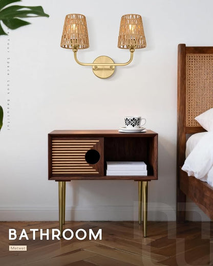 2-Light Brushed Gold Bathroom Vanity Light, Handwoven Rattan Shades | Ideal for 20-28" mirrors, 17" double wall sconce, upward only, E26 base, hardwired, bulbs not included, VL837-BG-RA-2-S