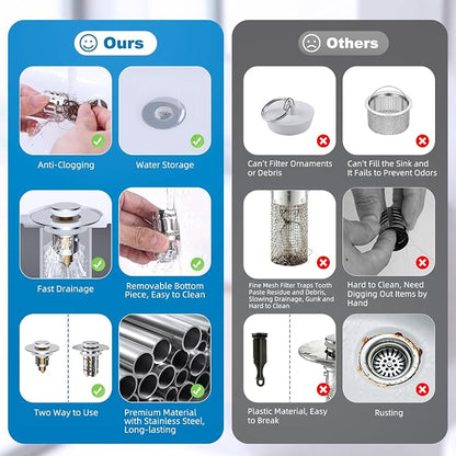 Hibbent Universal Bathroom Sink Drain Strainer, Upgraded 3 in 1 Pop Up Stopper with Removable Stainless Steel Filter Basket, Brass Bullet Core, Hair Catcher Sink Plug for 1.1''~2.36'' Hole, Chrome