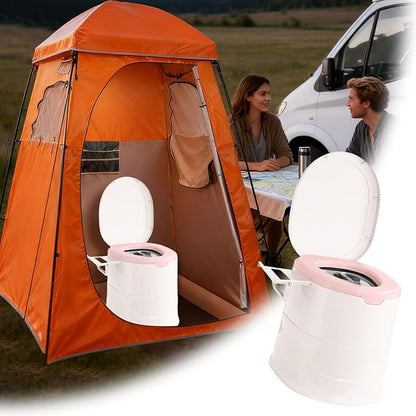 Portable Toilet for Camping, Indoor Outdoor Commode with 2 Detachable Inner Bucket, Removable Paper Holder, Toilet Brush, Travel Toilets for Camping, Hiking, Boat, Van, Emergency Use (Pink)